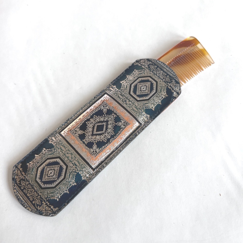 Vintage Vetta Pocket Comb with Ornate Damascene Style Filigree Holder Case